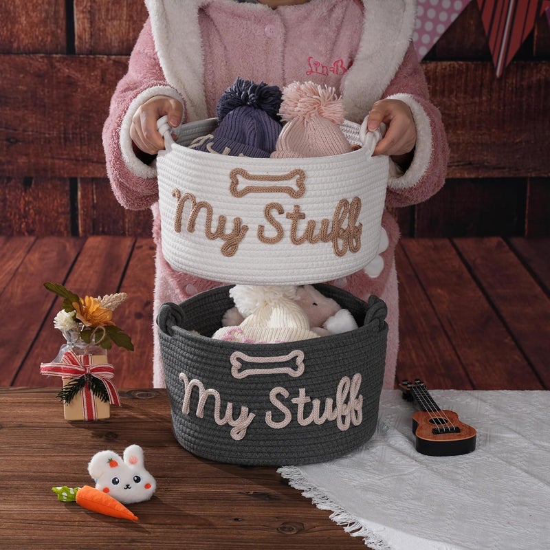 JUPPE Pet Storage Basket with Rope Handles, Cotton Woven Dog Toy Bin, Black with 'My Stuff' Text, Decorative Organization, Dog Toy Organizer (Black grey dog basket) - Image 3